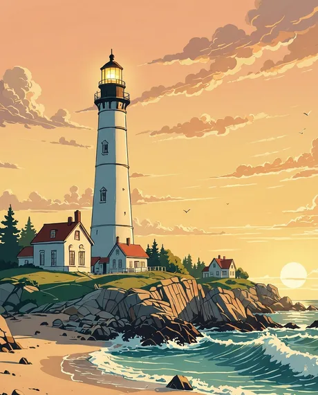 A lighthouse on a rocky coastal outcrop at golden hour